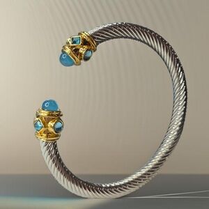 Luxury 18k Gold Silver Plated Stainless Pastel Blue Twisted Cable Cuff Bracelet